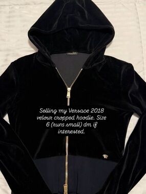 Versace Black Velour Hooded Zip-Up Jacket with Gold Hardware